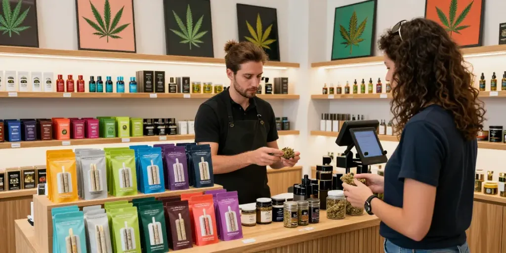 Alienlabs cannabis retail scene with premium products on display inviting customers to explore rare strains and vapes
